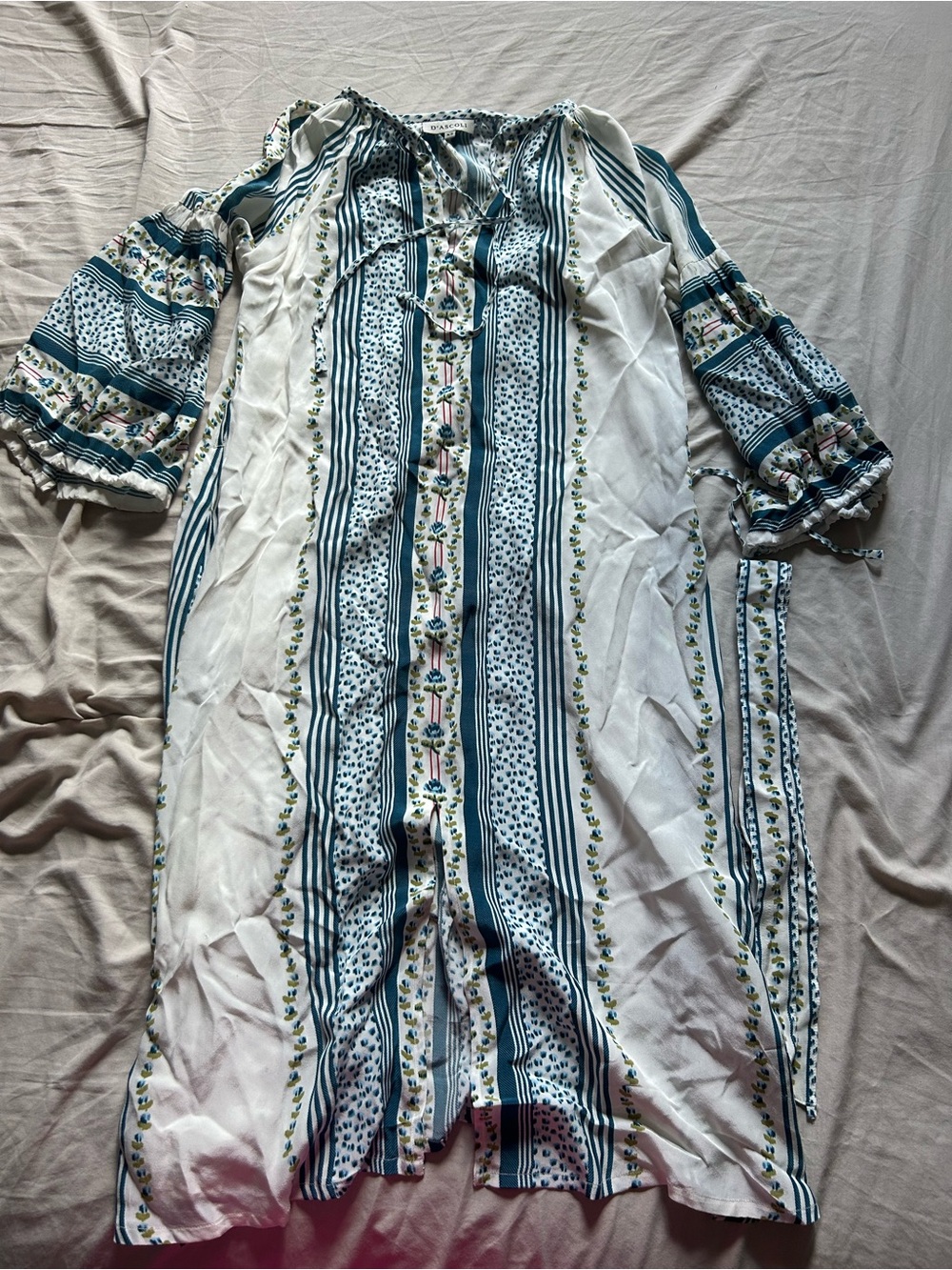 Boho Stripe Floral Midi Caftan - Teal & White